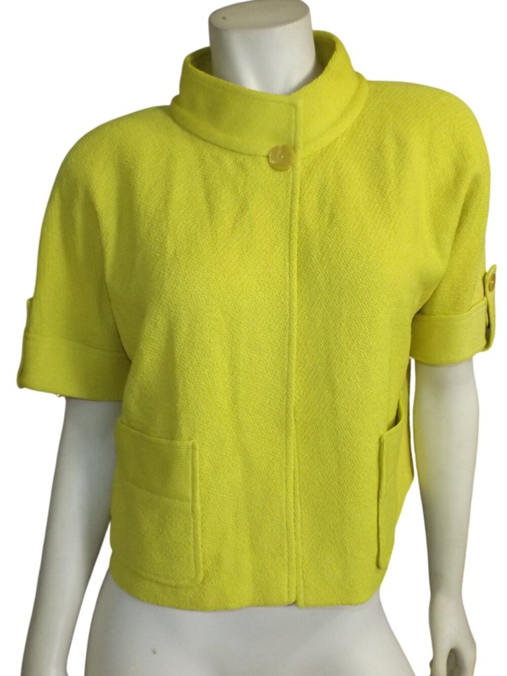 ST. JOHN Knit Jacket, 12, Chartreuse Yellow, Cropped, Short sleeve, 1 button